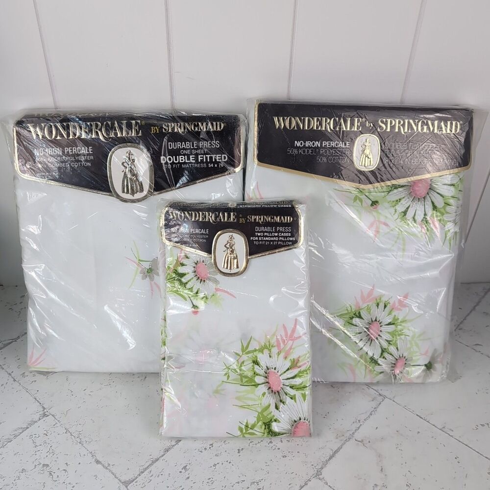 New VTG Springmaid Wondercale Pink Fresh Daisies Double Sheet Set Pillow Cases